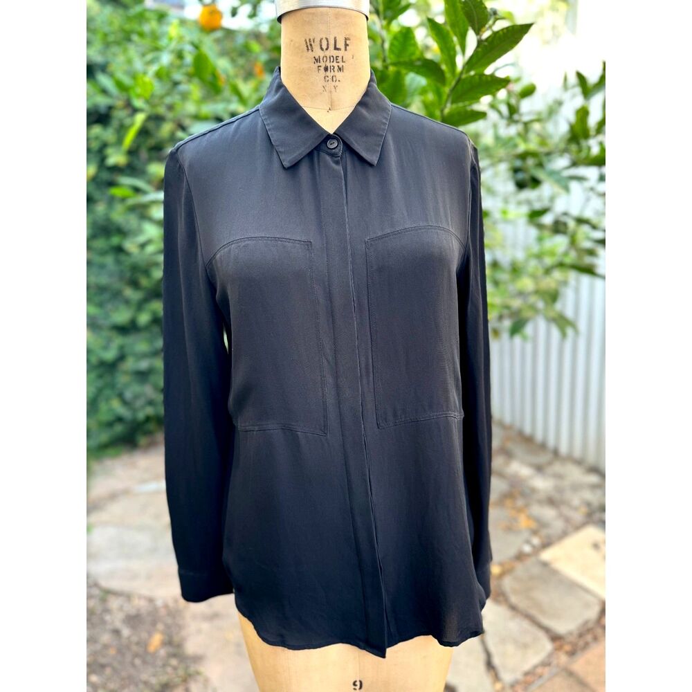 Theory 100% Silk Black Long Sleeve Button Down Blouse Top Size L